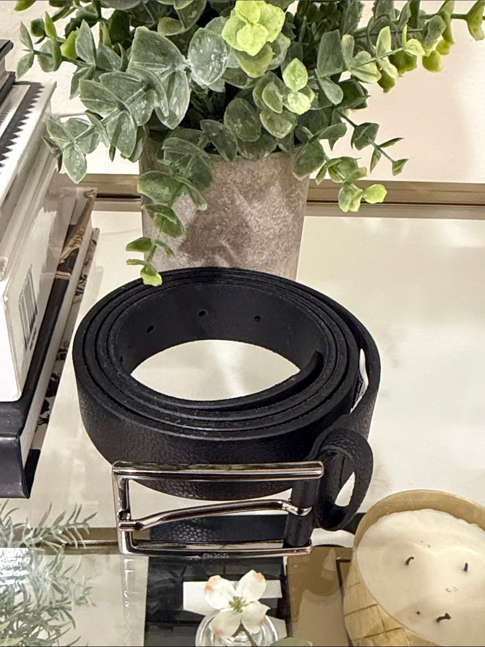 Hugo Boss Black Leather Belt with Gunmetal Hardware